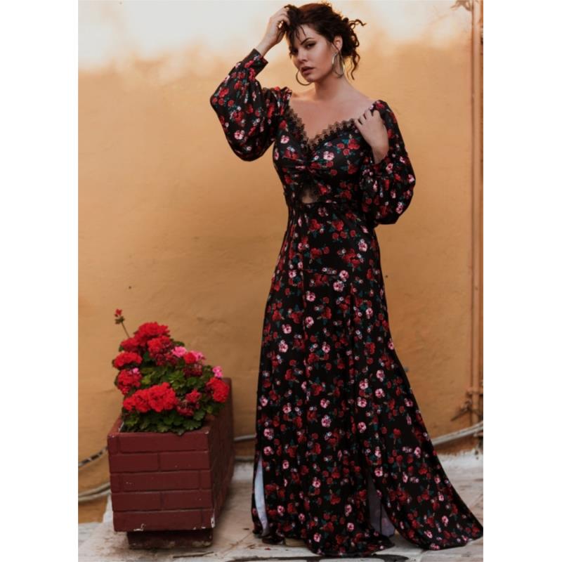 Maxi φόρεμα με δαντέλα στο μπούστο by Maria Korinthiou Collection - Μαύρο floral
