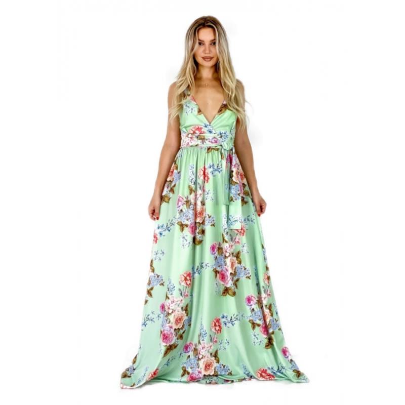 Floral maxi φόρεμα τιράντα με χιαστή πλάτη - Φυστικί