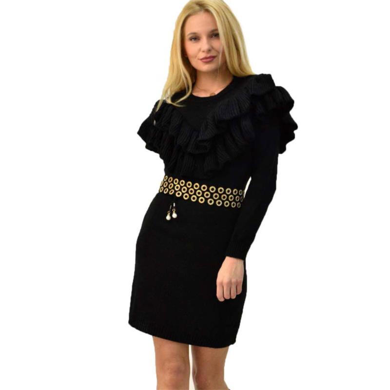 Γυναικείο πλεκτό κοντό φόρεμα με βολάν Μαύρο 5331