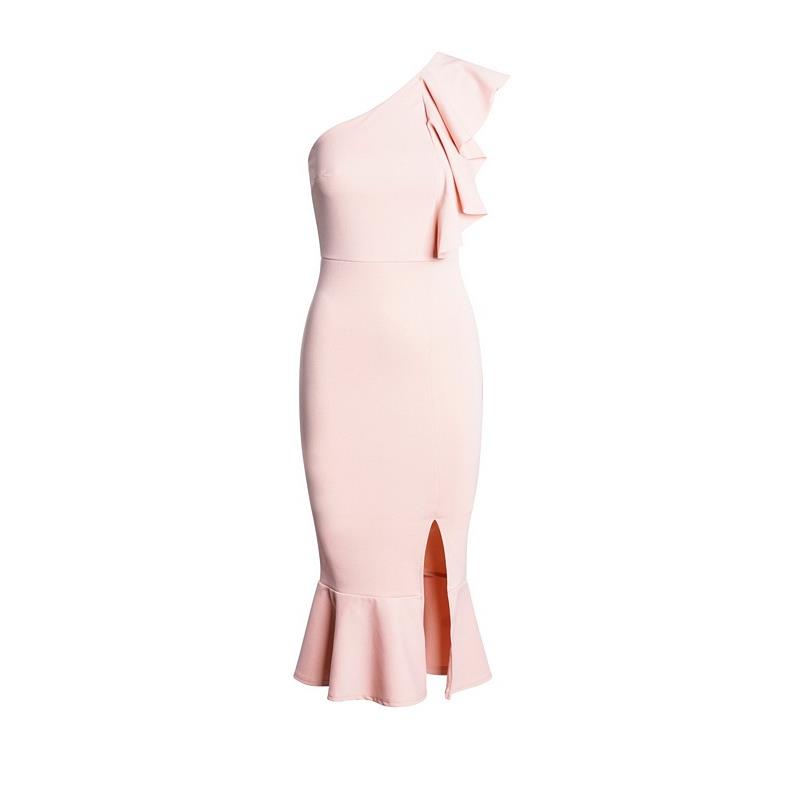 Μίντι κρέπ φόρεμα με βολάν και έναν ώμο - Ροζ Απαλό 52612-Ροζ