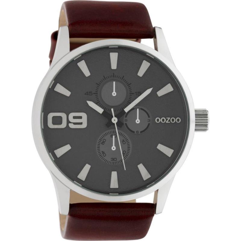 OOZOO Timepieces XXL - C10348, Silver case with Brown Leather Strap