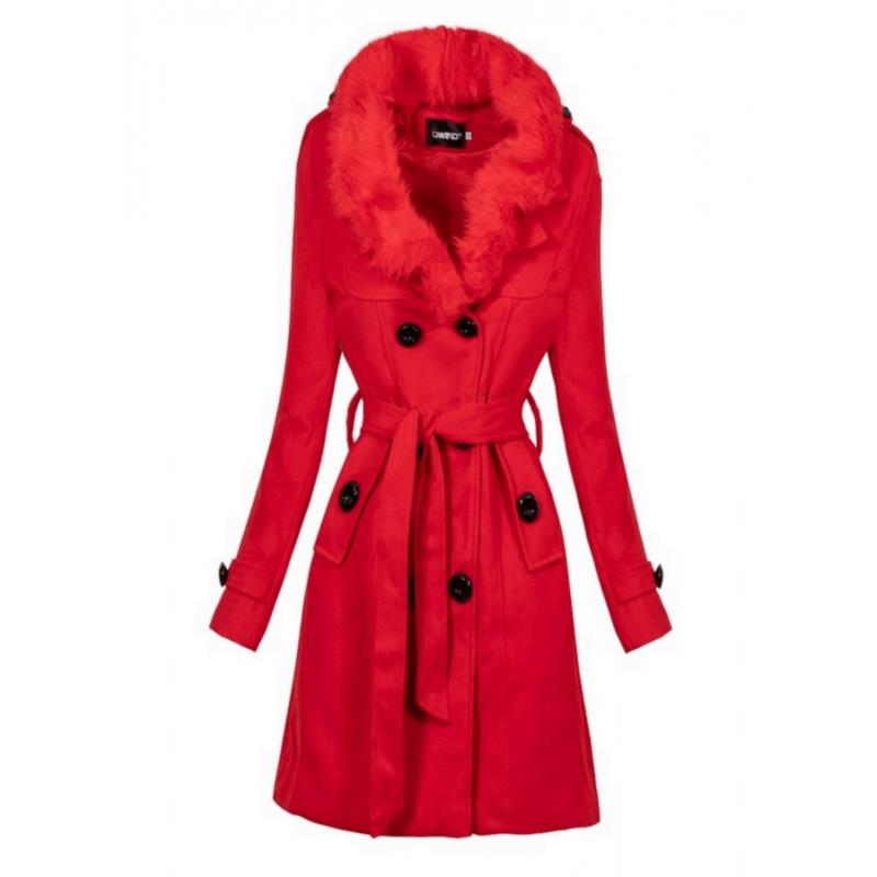 παλτό με γούνα στο γιακά - Κόκκινο