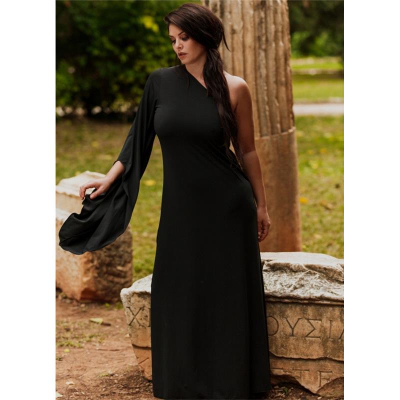 Maxi φόρεμα με έναν ώμο και καμπάνα μανίκι by Maria Korinthiou Collection - Μαύρο