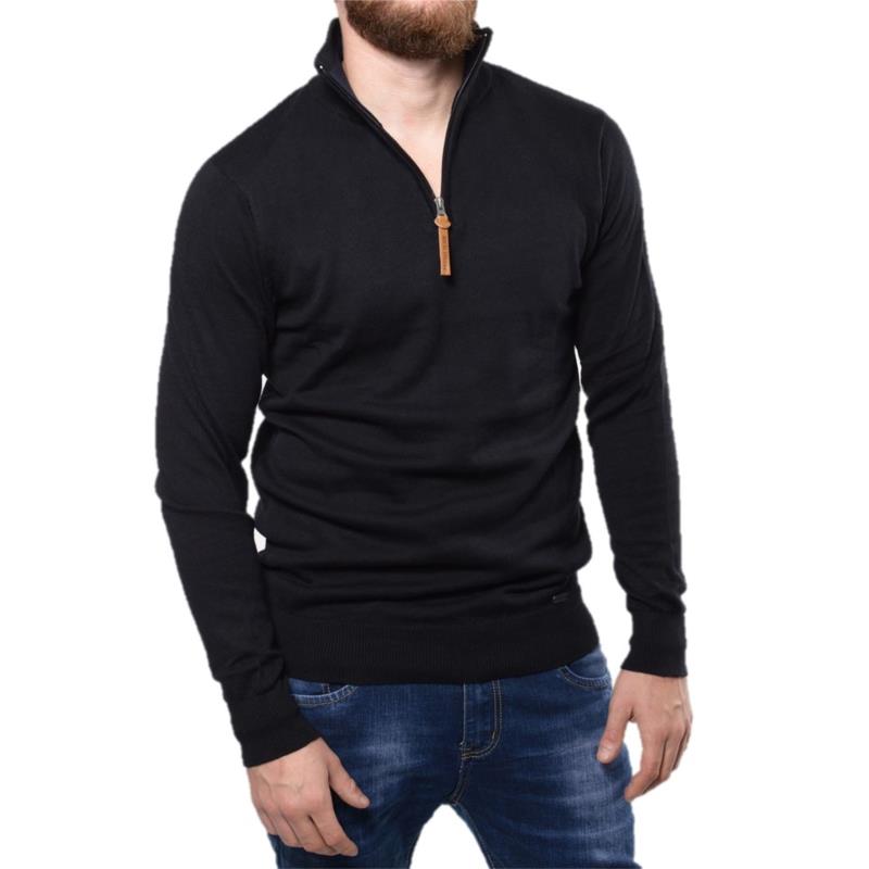 Ανδρική πλεκτή μπλούζα με μακριά μανίκια, ψηλό γιακά και φερμουάρ με δερμάτινη λεπτομέρεια Μαύρο - Μαύρο
