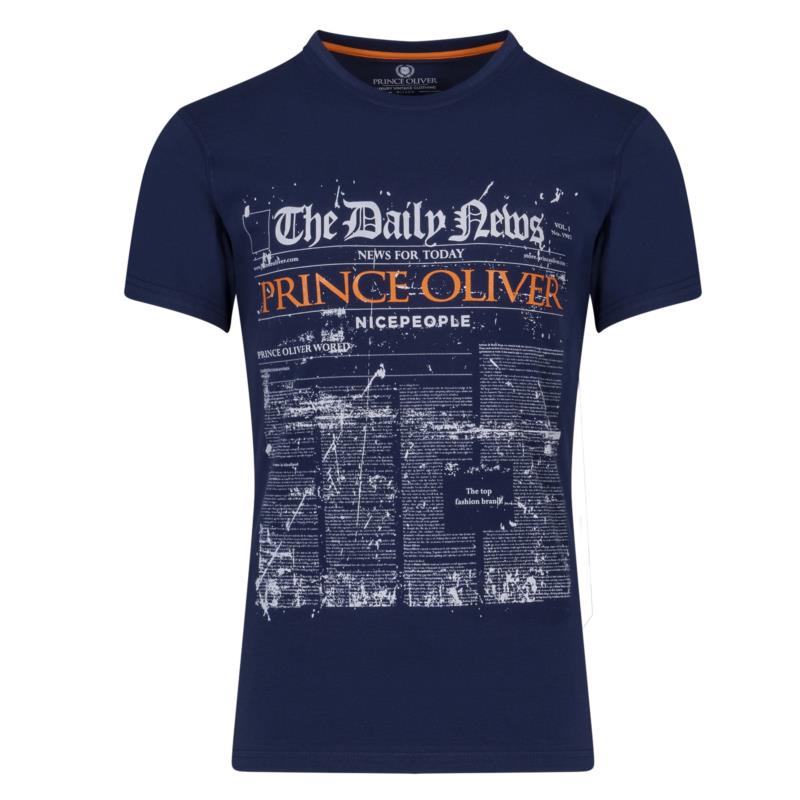 Prince Oliver T-Shirt Μπλε Σκούρο με Στάμπα Daily News (Modern Fit)