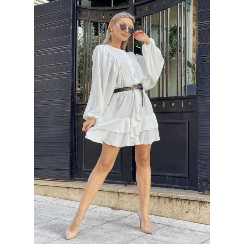 Mini φόρεμα με βολάν & ζώνη - Λευκό