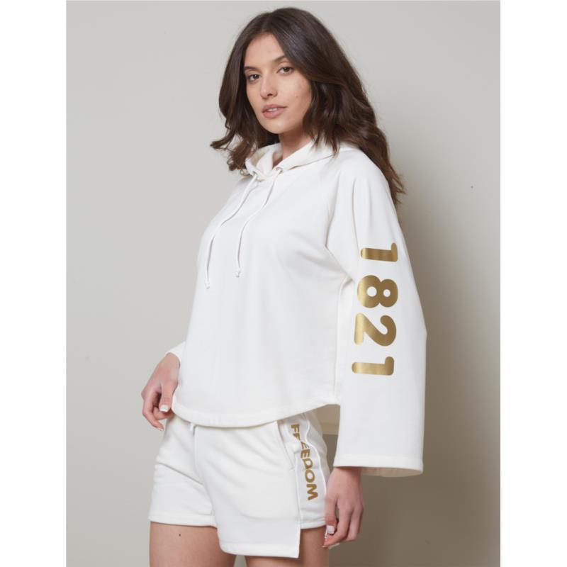 Off white hoodie, sleeve gold print "1821" - Fitness