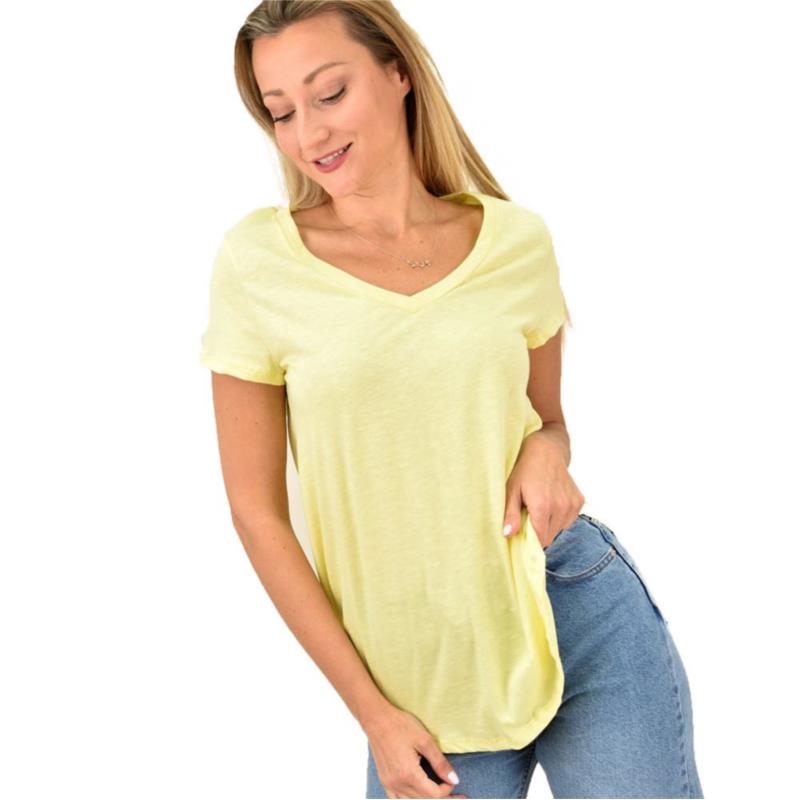 Γυναικεία κοντομάνικη ασύμετρη μπλούζα με V λαιμόκοψη Κίτρινο 10099