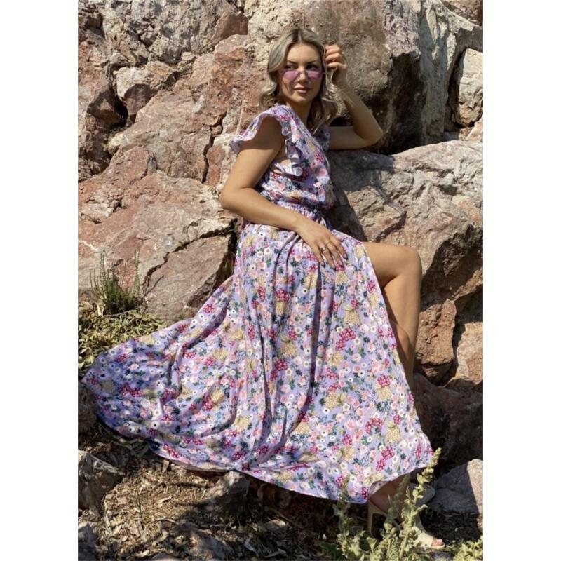 Maxi floral φόρεμα κρουαζέ με ζωνάκι - Λιλά