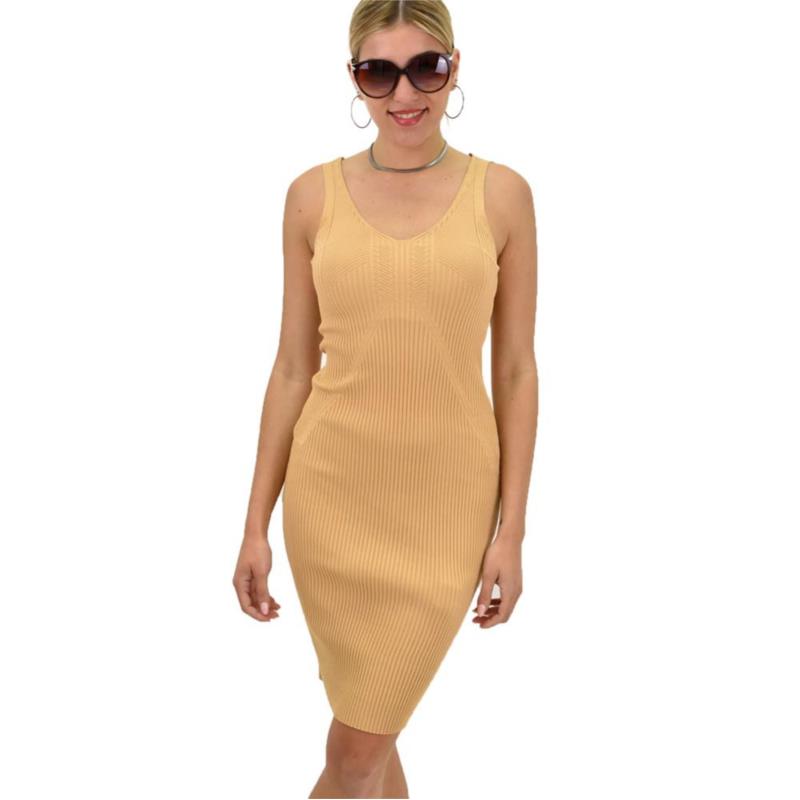 Γυναικείο εφαρμοστό φόρεμα με διακοσμητικό σχέδιο Μπεζ 11297