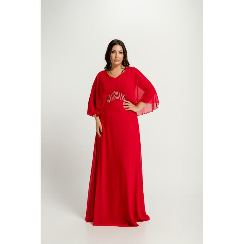 Μάξι Αέρινο Μουσελίνα Φόρεμα Με Ασημί Λεπτομέρειες Κόκκινο