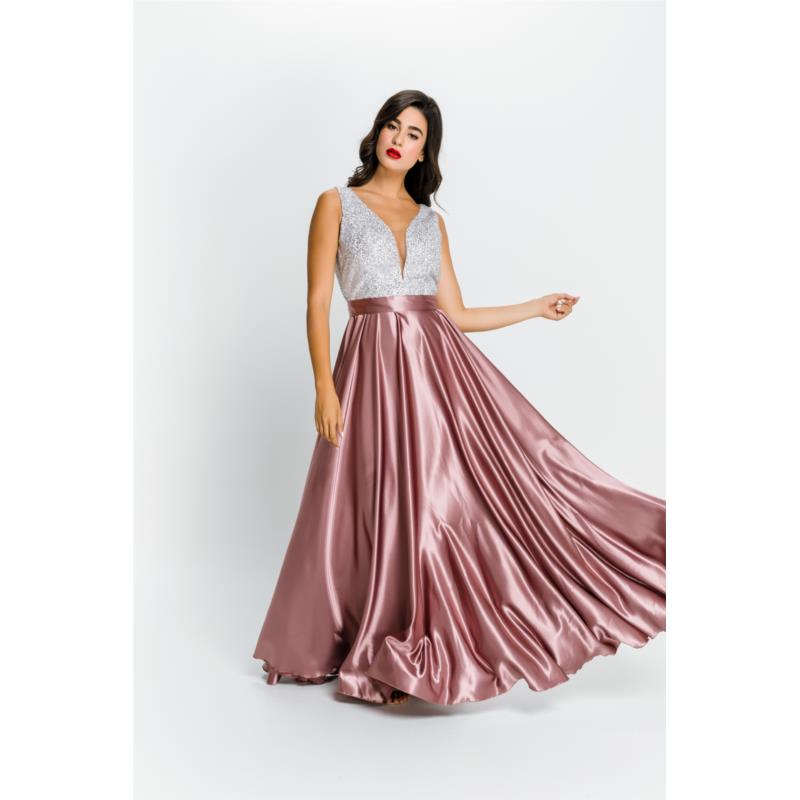 Εξώπλατο Φόρεμα Σατέν Φούστα & Στραςς Μπούστο Ροζ