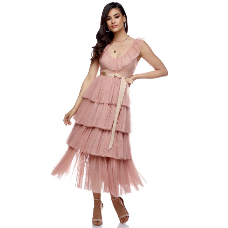 Μακρύ Φορεμα Με Πλούσια Layers Τούλινα Ροζ
