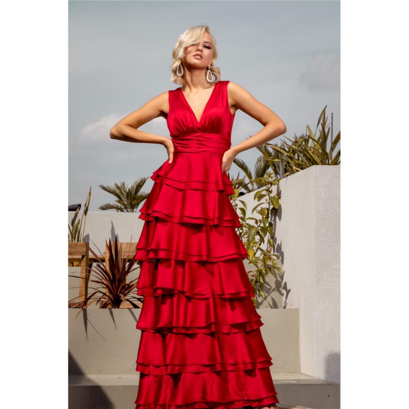 Μάξι Κόκκινο Φόρεμα Πλούσια Βολάν Κόκκινο