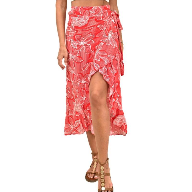 Κρουαζέ φλοράλ φούστα με βολάν Κόκκινο 11212