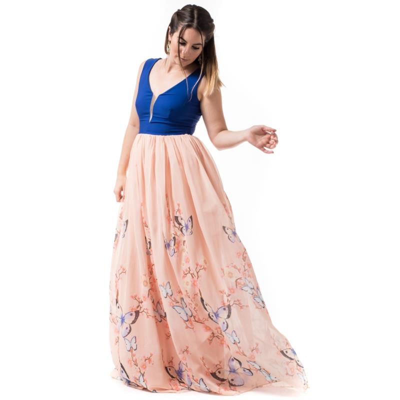 Maxi Φόρεμα Μπλε με Φουρό & Πεταλούδες