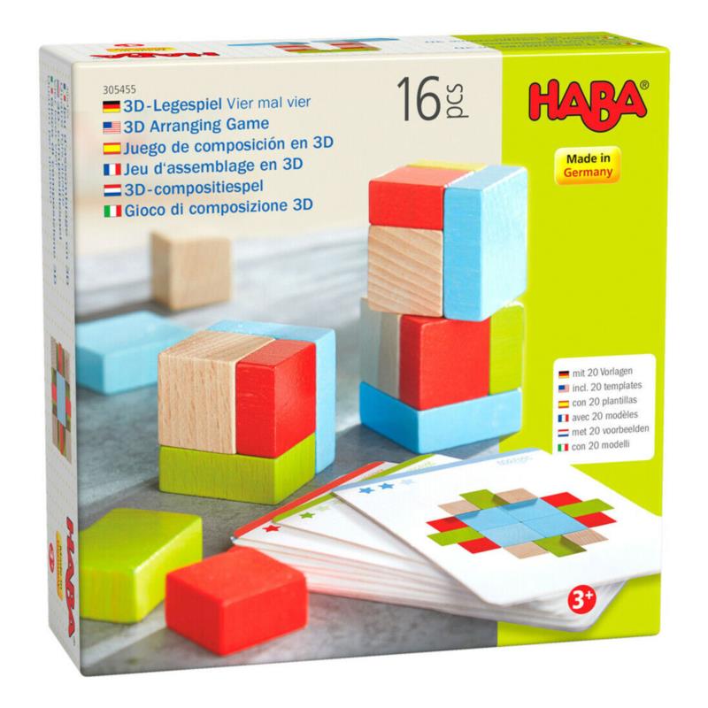 Haba 3D Ξύλινο παιχνίδι αντιγραφής με 21 τουβλάκια και 10 κάρτες σχεδίων 4 επί 4.