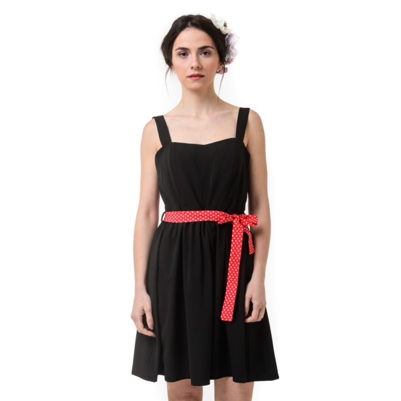 Μαύρο Κοντό Φόρεμα με Ζώνη Πουά Κόκκινο