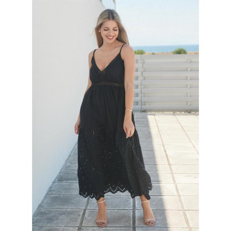 Maxi φόρεμα τιράντα με κοφτή δαντέλα - Μαύρο