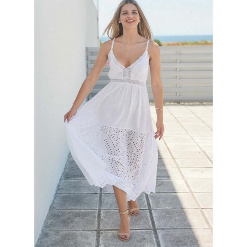 Maxi φόρεμα τιράντα με κοφτή δαντέλα - Λευκό
