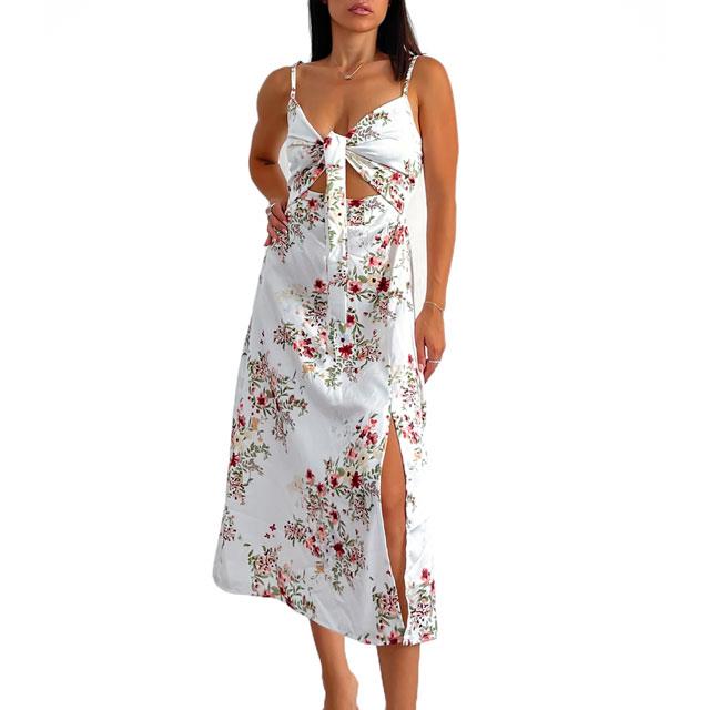 Φόρεμα φλοράλ midi με δέσιμο timothea (Λευκό)