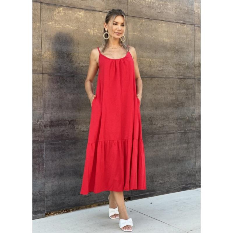 Mini casual αέρινο φόρεμα τιράντα - Κόκκινο