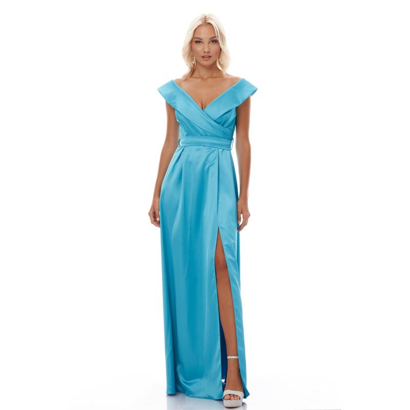 Μάξι Σατέν Φόρεμα Bardot Ντεκολτέ Γαλάζιο