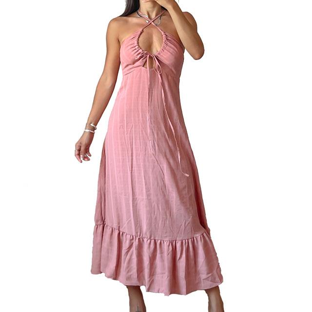 Φόρεμα μάξι με δέσιμο στο στήθος (Ροζ)