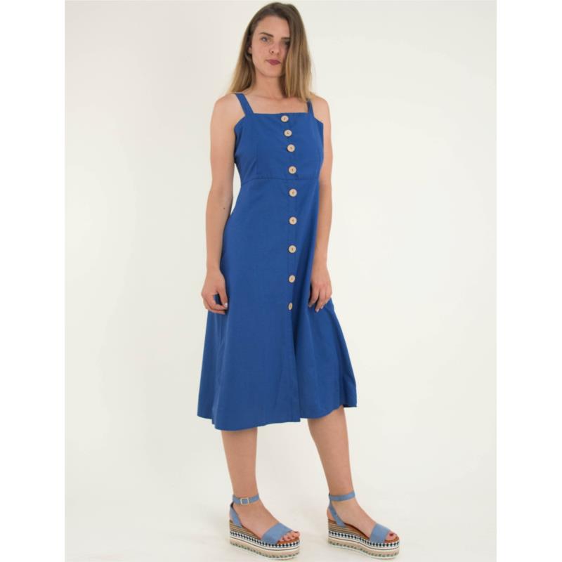 Γυναικείο μπλε ραφ μίντι φόρεμα με ράντες και κουμπιά 9926X