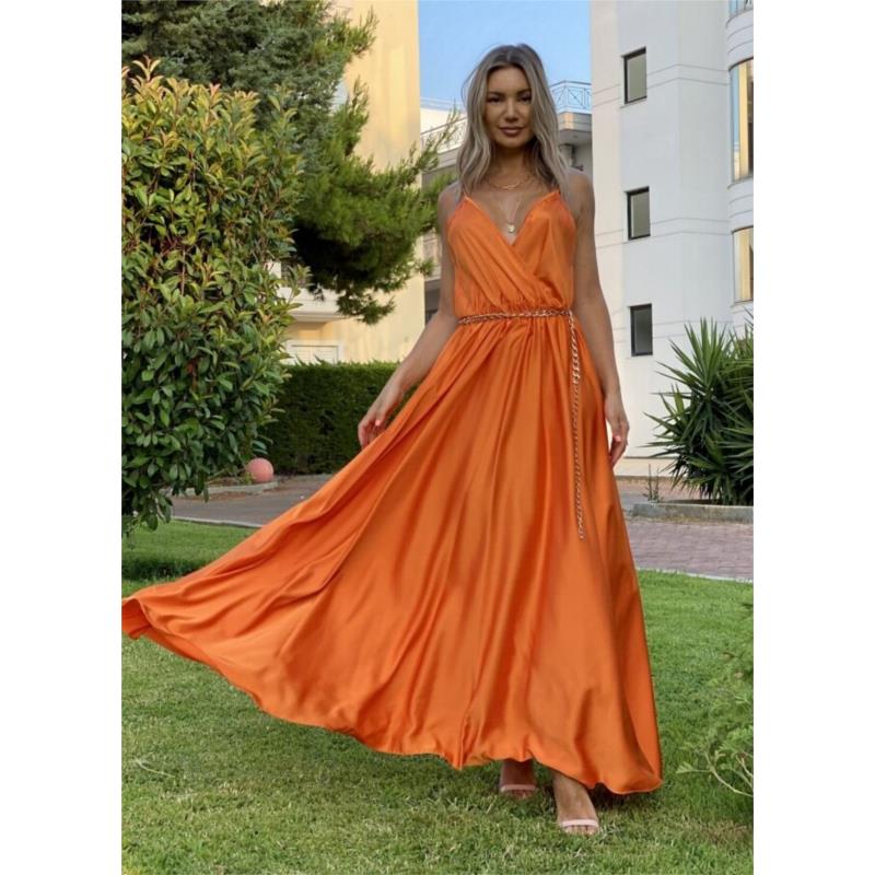 Maxi σατέν φόρεμα τιράντα - Πορτοκαλί