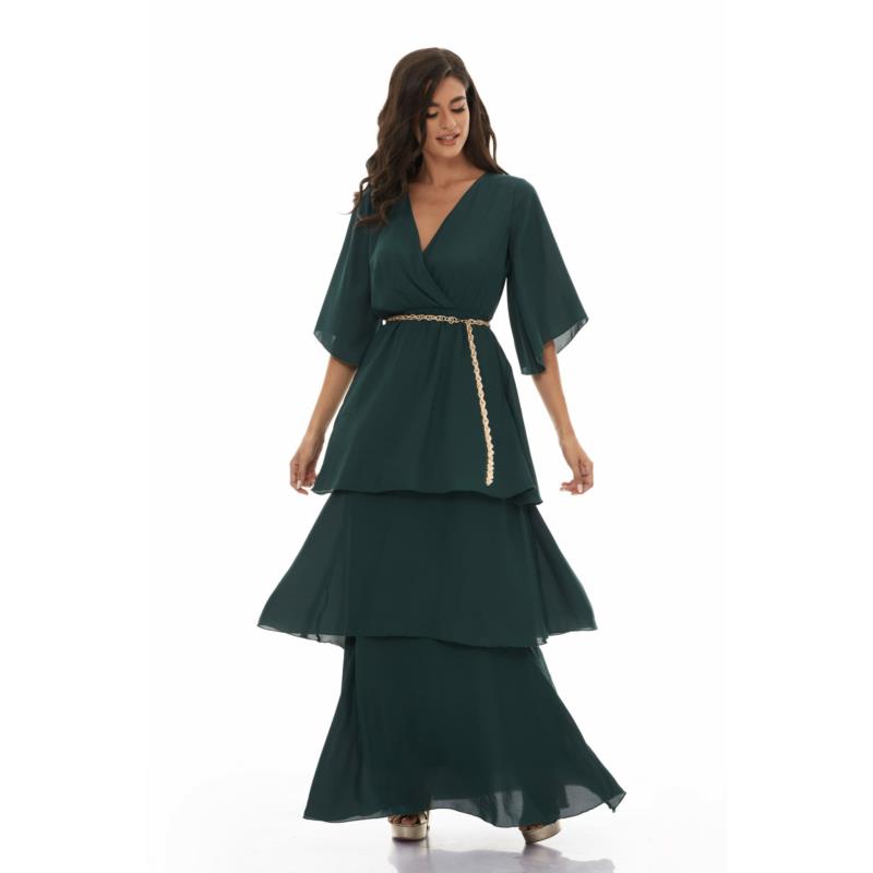 Μάξι Φόρεμα Ζορζέτα Με Βολάν Layers Πράσινο