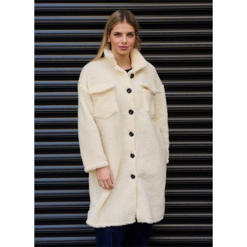 Oversize παλτό προβατάκι με κουμπιά - Εκρού