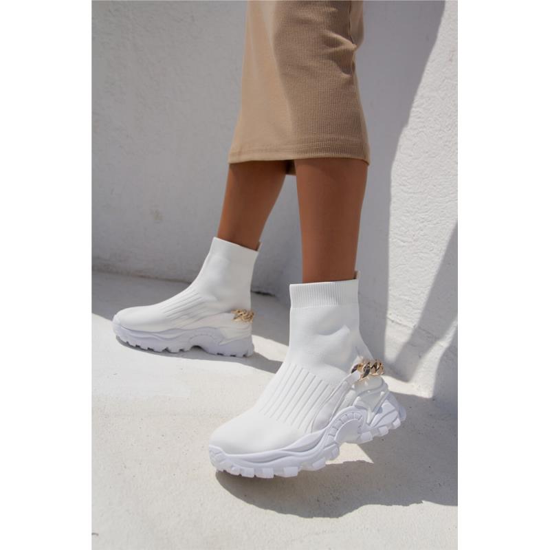 Λευκά Sneakers Κάλτσα με Διακοσμητική Αλυσίδα
