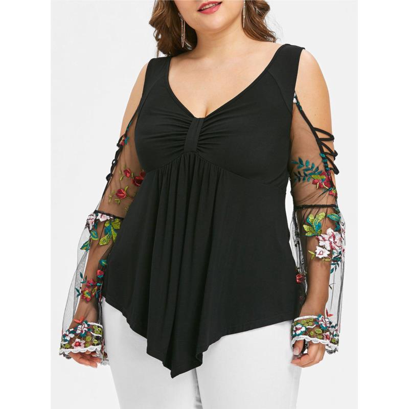 Plus Size Bell Sleeve Embroidery Blouse