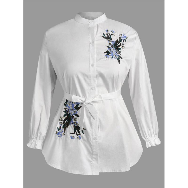 Plus Size Floral Embroidery Shirt with Belt