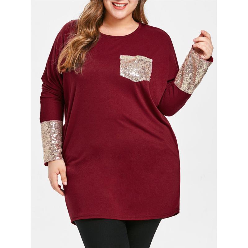 Plus Size Sequined Cuffs Long Sleeve T-shirt