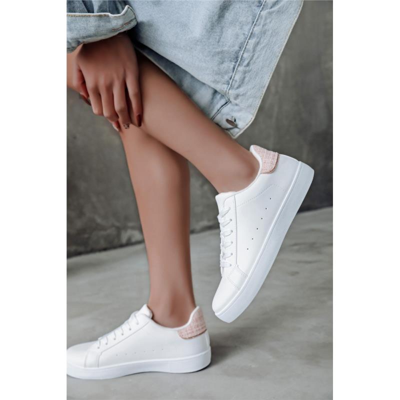 Λευκά/Ροζ Sneakers με Πλεκτή Λεπτομέρεια στη Φτέρνα