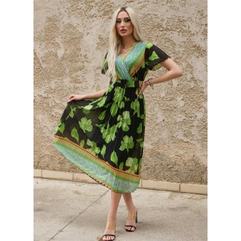 Floral midi πλισέ φόρεμα με ζώνη - Πράσινο