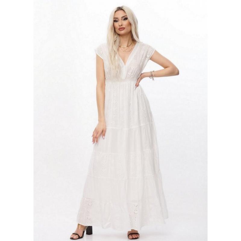 Maxi φόρεμα με κοφτή δαντέλα - Λευκό