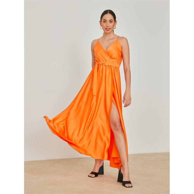 Φόρεμα μακρύ σατέν με άνοιγμα - Πορτοκαλί