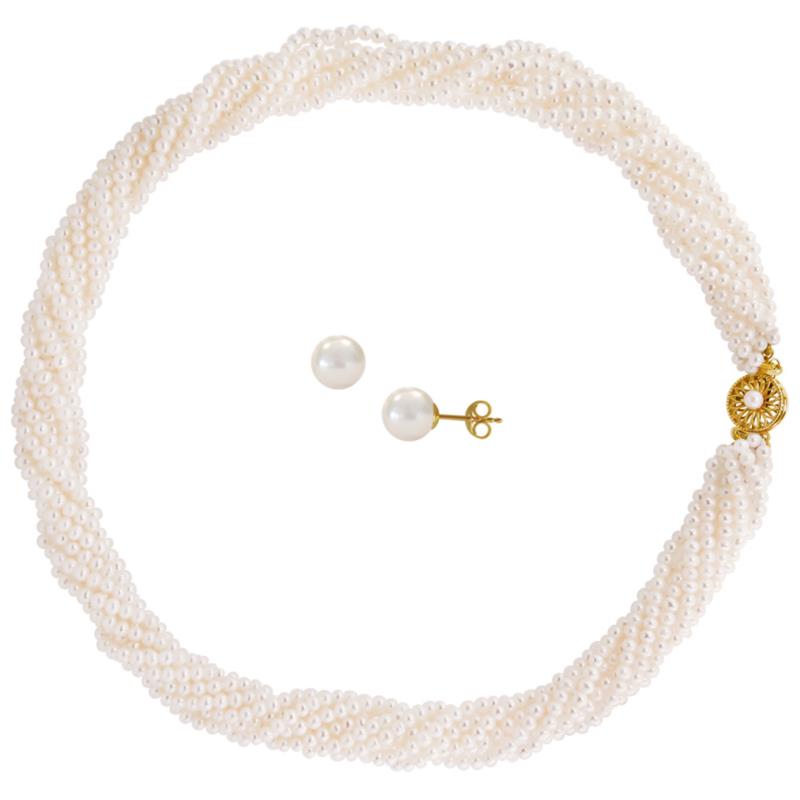 Σετ κολιέ και σκουλαρίκια σε Κ14 χρυσό με λευκά μαργαριτάρια - M990054