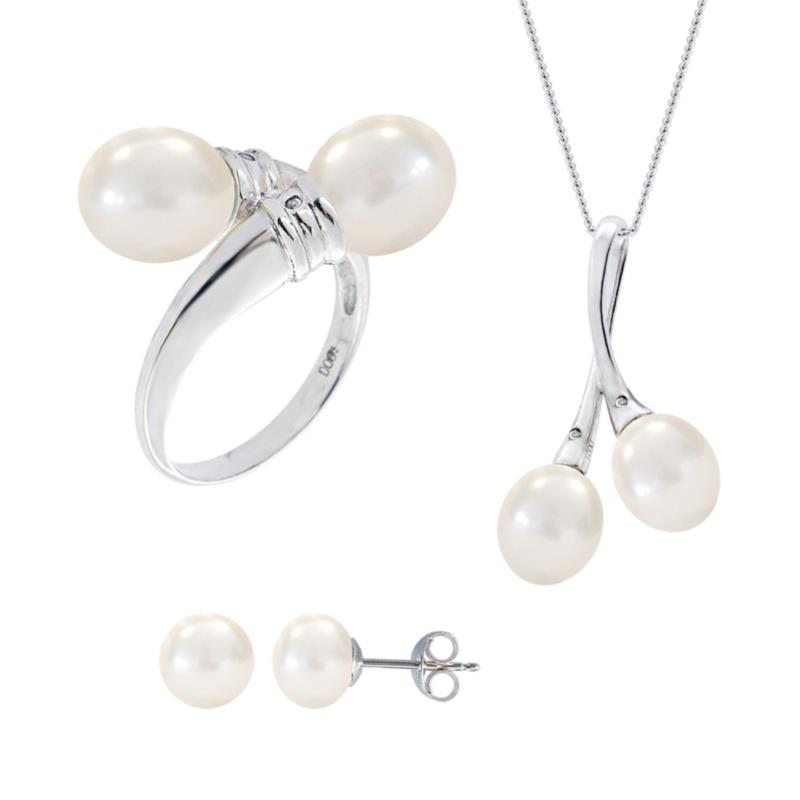 Σετ δαχτυλίδι, μενταγιόν και δώρο σκουλαρίκια με λευκά μαργαριτάρια σε ασήμι 925 - M990060
