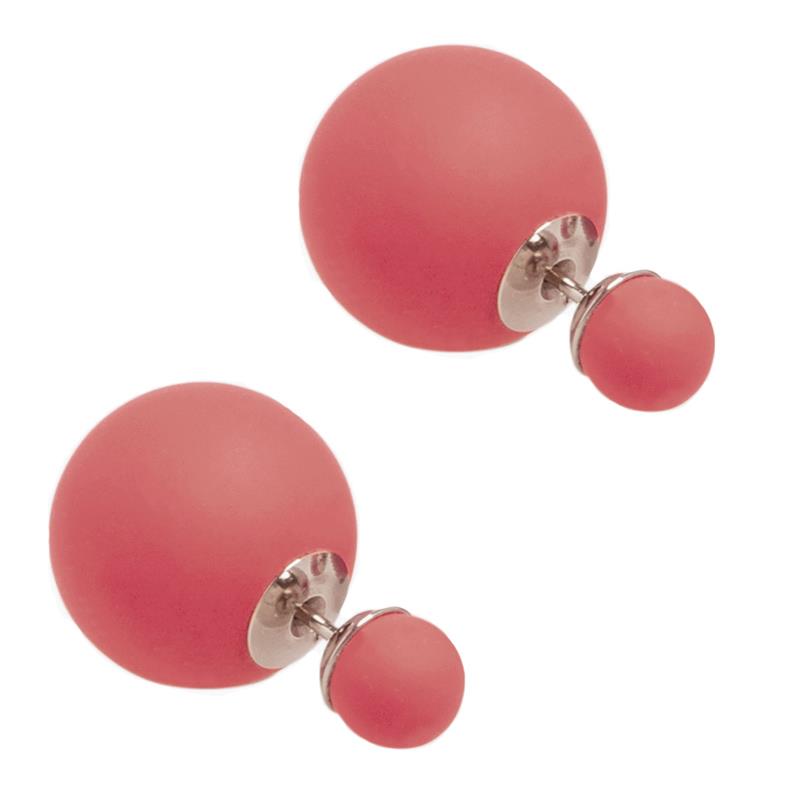 VFJ Ασημένια σκουλαρίκια καρφωτά διπλή πέρλα σκούρο ροζ