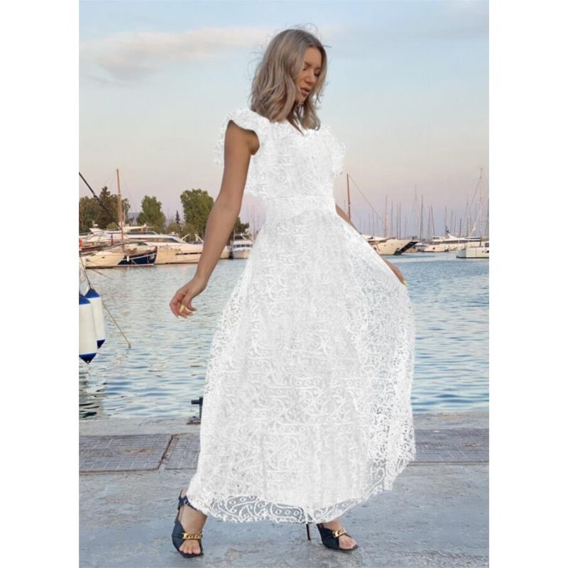 Maxi φόρεμα δαντέλα με βολάν μανικάκι - Λευκό