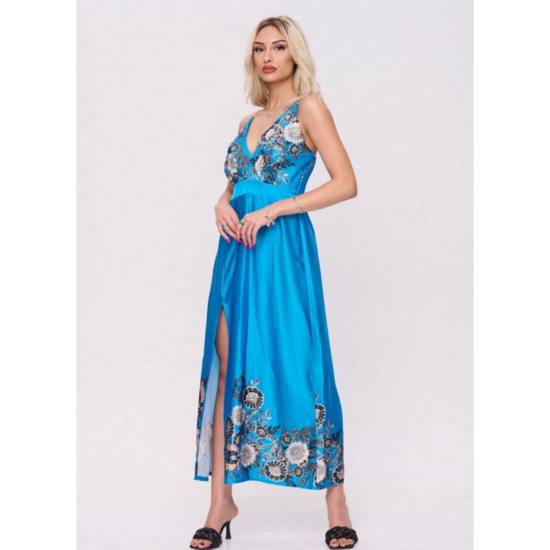 σατινέ φόρεμα τιράντα με σκίσιμο & floral λεπτιμέρειες - Μπλε