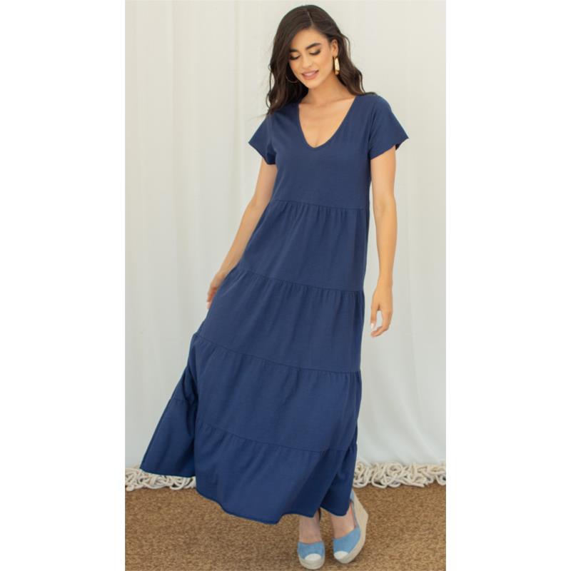 Φόρεμα maxi 100% βαμβακερό με βολάν - Medieval Blue