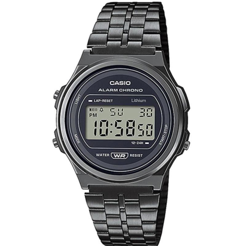 CASIO Collection - A-171WEGG-1AEF, Black case with Stainless Steel Bracelet