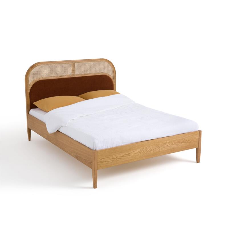 Κρεβάτι με τάβλες και κεφαλάρι με ψάθα και βελούδο Υ110cm