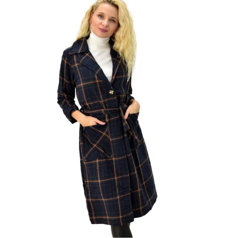 Γυναικείο παλτό καρό με γιακά και ζώνη Μπλε Σκούρο 8850