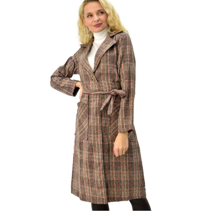 Γυναικείο παλτό καρό με γιακά και ζώνη Καφέ 8846